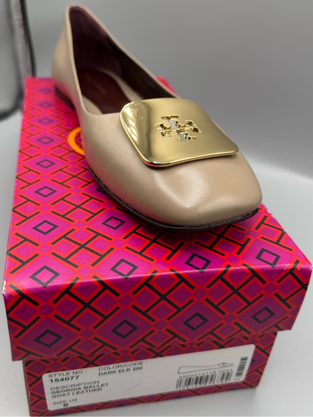 Tory Burch Georgia Beige Leather Ballet Flat with Gold Square Emblem